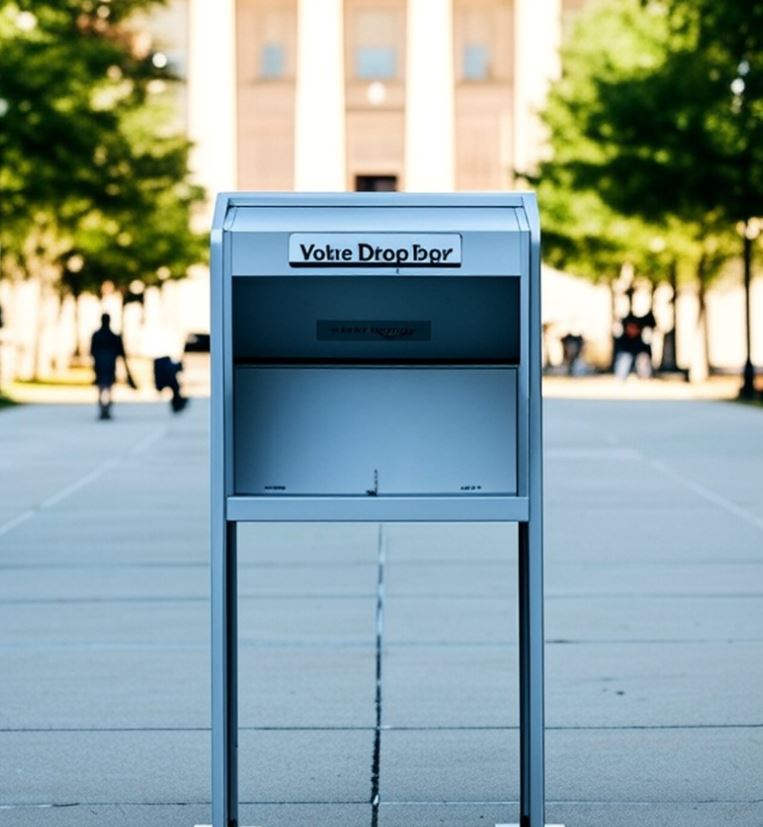 Voting drop box in a public space, encouraging civic engagement and secure ballot submission.
