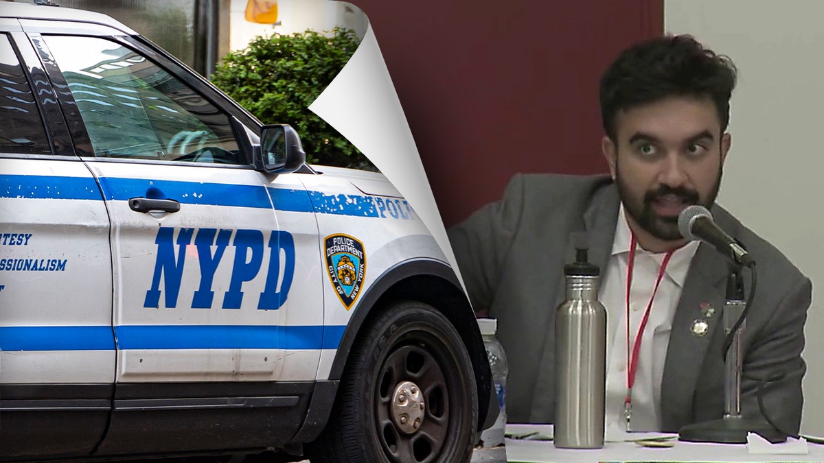 New York City mayoral candidate Zohran Mamdani seen next to a NYPD cop car