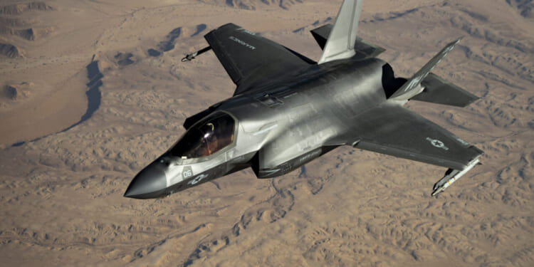 A U.S. Marine Corps F-35B Lightning II approaches a U.S. Air Force KC-135 Stratotanker for aerial refueling over the U.S. Central Command area of responsibility, Sept. 19, 2025.