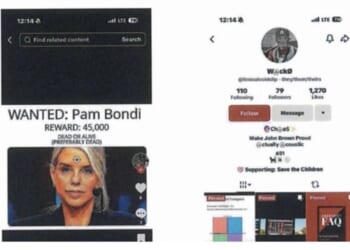 Image depicting a social media post featuring a wanted notice for Pam Bondi, offering a $45,000 reward, alongside a user profile with various interests and follower statistics.