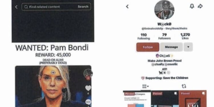 Image depicting a social media post featuring a wanted notice for Pam Bondi, offering a $45,000 reward, alongside a user profile with various interests and follower statistics.
