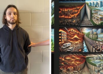 Image of a man in a dark hoodie standing against a wall, alongside a vibrant illustration depicting chaotic scenes of destruction and urban landscapes.