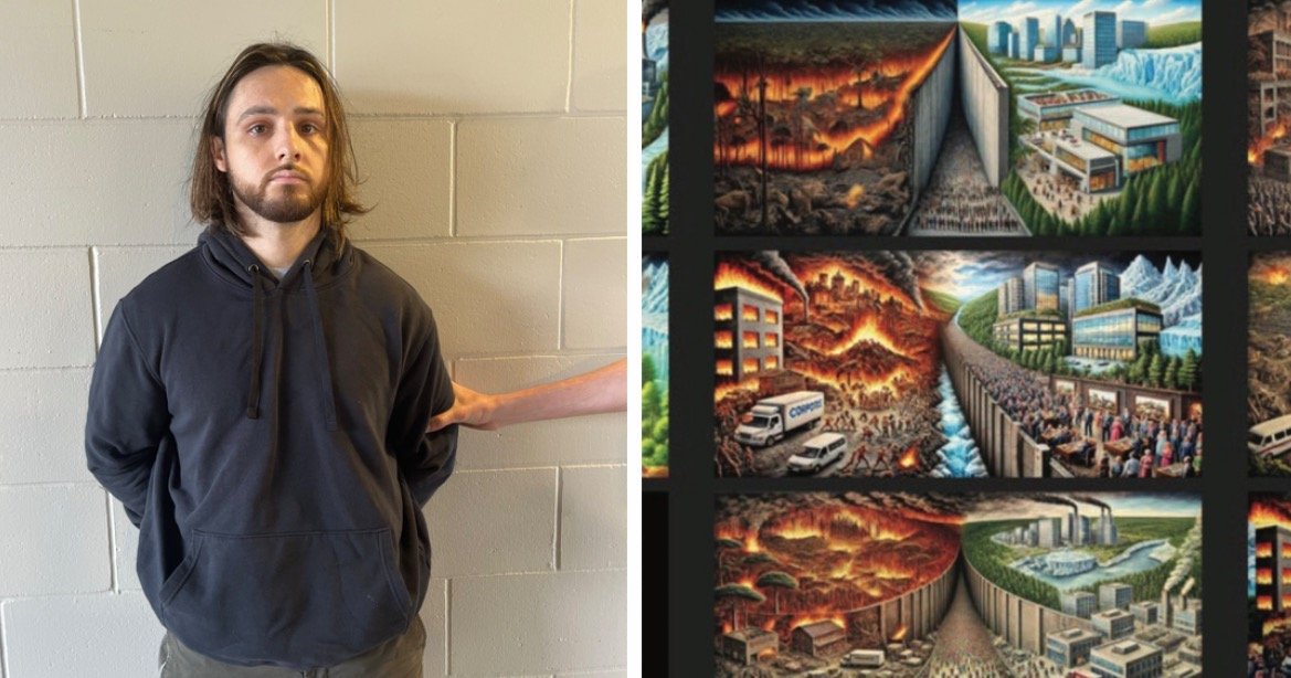 Image of a man in a dark hoodie standing against a wall, alongside a vibrant illustration depicting chaotic scenes of destruction and urban landscapes.