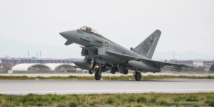 A Qatari Eurofighter Typhoon taking off.
