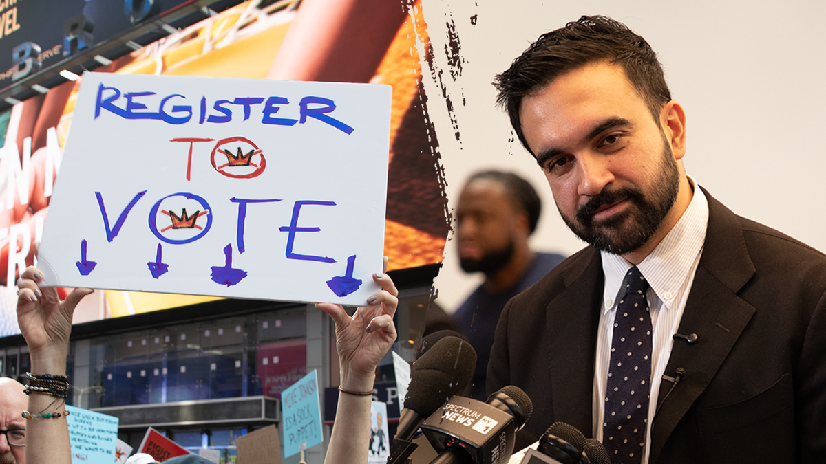 A split image of a "Register to Vote" sign and Zohran Mamdani