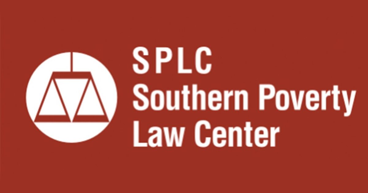 Logo of the Southern Poverty Law Center, featuring a balance scale and the acronym SPLC, set against a red background.