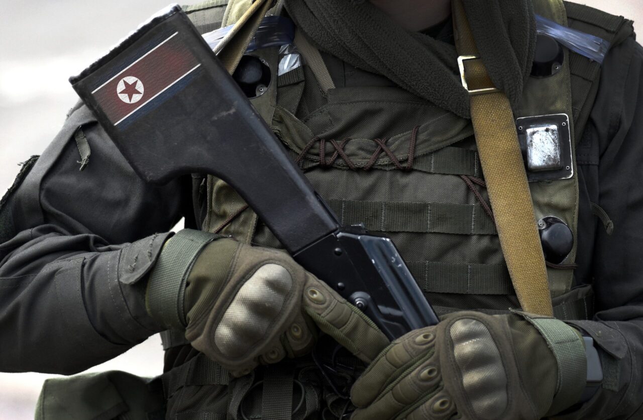 Flag of North Korea on assault rifle butt.