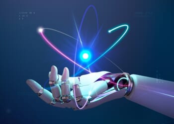 robot hand holding nuclear energy atom