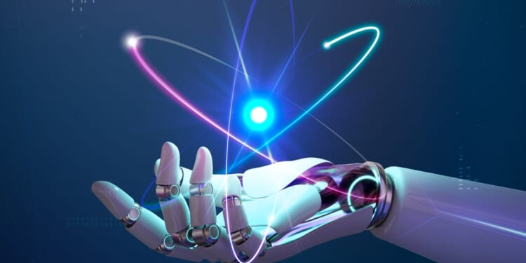 robot hand holding nuclear energy atom