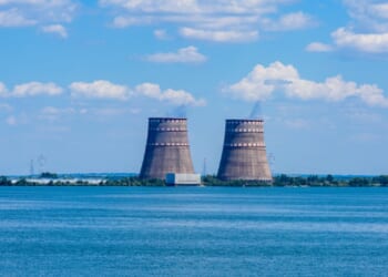 Cooling towers of Zaporizhzhia Nuclear energy Power Station near city Enerhodar, Ukraine