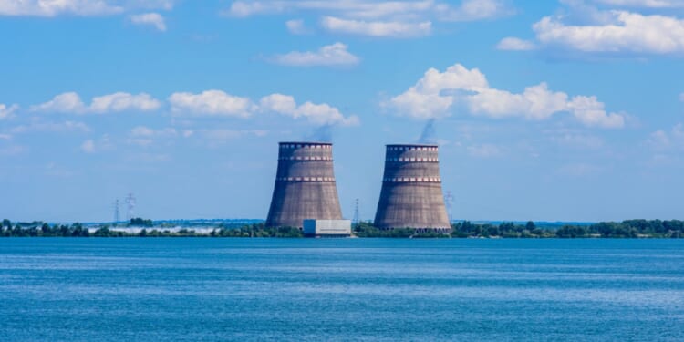 Cooling towers of Zaporizhzhia Nuclear energy Power Station near city Enerhodar, Ukraine