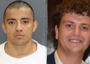 Image showing two men side by side, one in a police mugshot and the other smiling in a formal setting, highlighting contrasting circumstances.