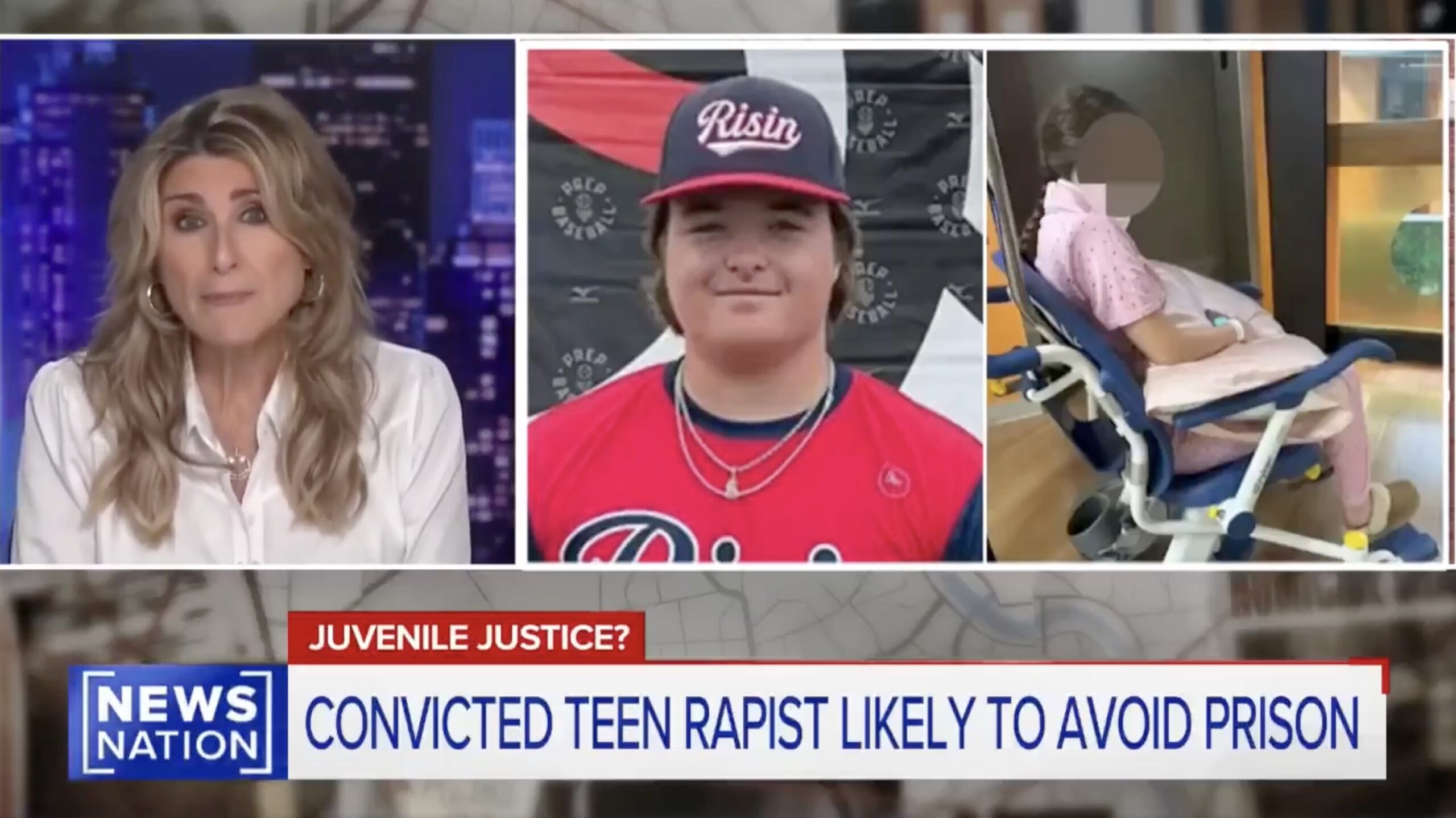 News Nation segment discussing juvenile justice, featuring a host and images related to a convicted teen rapist potentially avoiding prison.