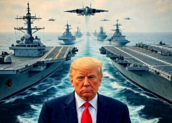 Donald Trump stands in front of a fleet of aircraft carriers and military jets in a dramatic ocean setting, symbolizing naval power and military strength.