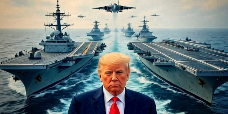 Donald Trump stands in front of a fleet of aircraft carriers and military jets in a dramatic ocean setting, symbolizing naval power and military strength.