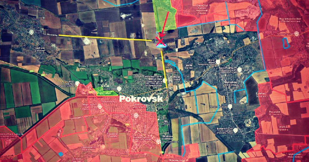 Aerial map of Pokrovsk highlighting different land uses and infrastructure with marked boundaries in various colors for urban and agricultural areas.