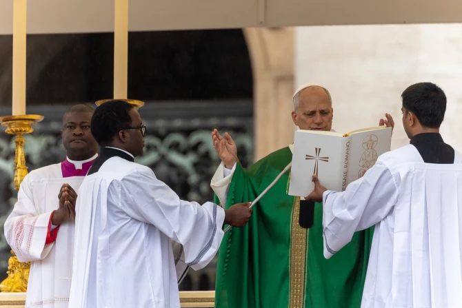Pope Leo XIV celebrates Mass in St. Peter's Square at the Vatican on October 5, 2025.