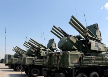 Artillery missile systems " Pansir-C1 " modern army industry, blue sky on background.