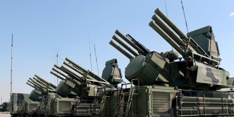 Artillery missile systems " Pansir-C1 " modern army industry, blue sky on background.