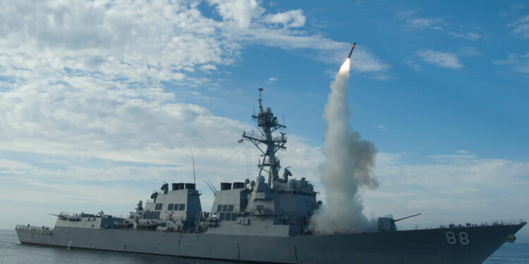 Sailors aboard the guided-missile destroyer USS Preble conduct an operational tomahawk missile launch while underway in a training area off the coast of California.