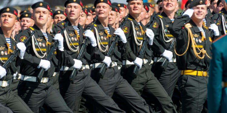 Military participate at last rehearsal of the parade dedicated to the 70th anniversary of the victory in the Second World War in Red Square on May 7, 2015 in Moscow