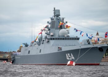 The Russian frigate Admiral Gorshkov in the waters of the Neva during the Main Naval Parade.