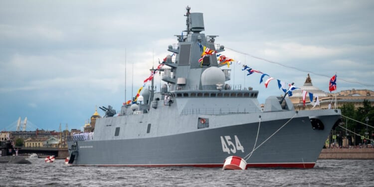 The Russian frigate Admiral Gorshkov in the waters of the Neva during the Main Naval Parade.