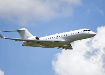 A Bombardier 6500 jet in flight.