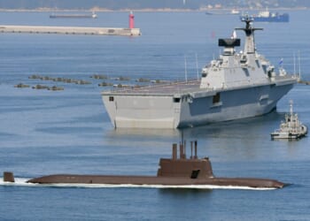 South Korean Navy Dokdo Battleship and Jangbogo submarine at Dogu Coast for 2021 Armed Forces Day.