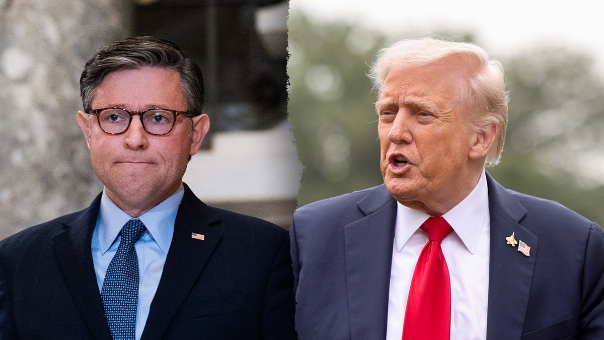 A split image of Speaker Mike Johnson and President Donald Trump