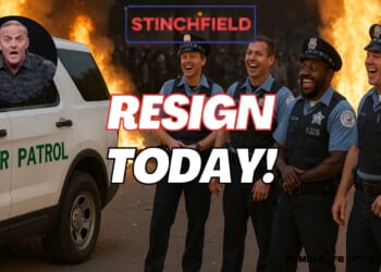 Image of police officers laughing near a Border Patrol vehicle with a fiery background and a call to action to resign today.
