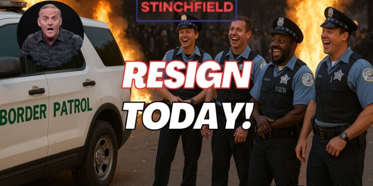 Image of police officers laughing near a Border Patrol vehicle with a fiery background and a call to action to resign today.