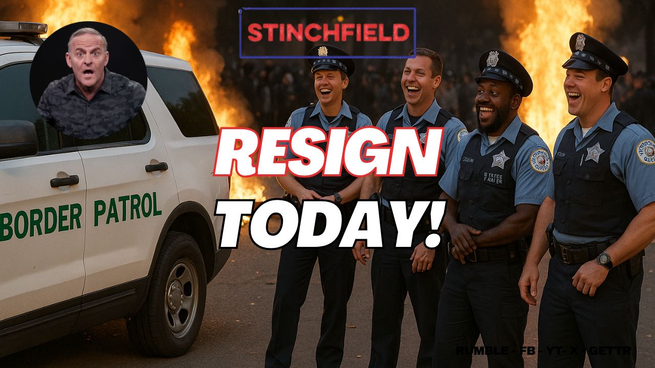 Image of police officers laughing near a Border Patrol vehicle with a fiery background and a call to action to resign today.