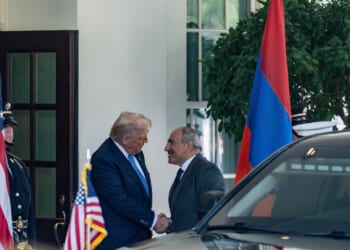 Donald Trump meets with Armenian prime minister outside of the White House.