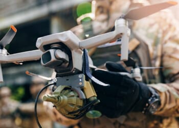 A soldier holding a drone.