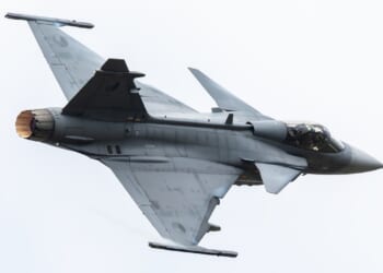 A Czech Gripen fighter in flight.