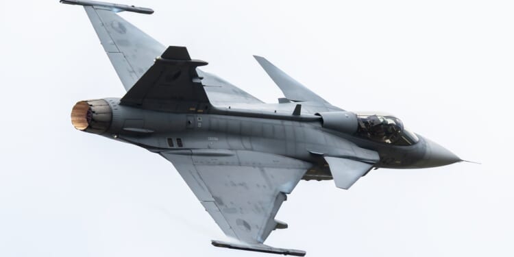 A Czech Gripen fighter in flight.
