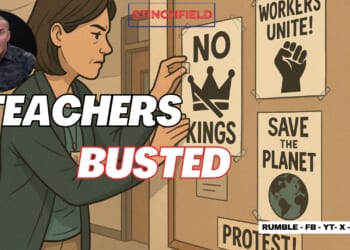 Animated image depicting a teacher posting protest signs in a school setting, highlighting themes of activism and social justice.