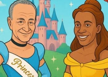 Cartoon illustration of two characters in royal attire, with a castle in the background, representing a playful political theme.