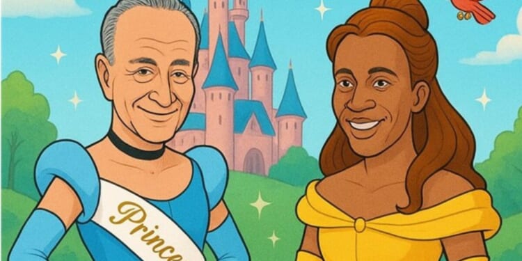 Cartoon illustration of two characters in royal attire, with a castle in the background, representing a playful political theme.