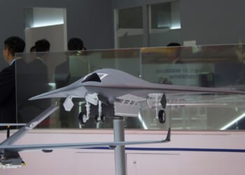A model of a Chinese drone on display.