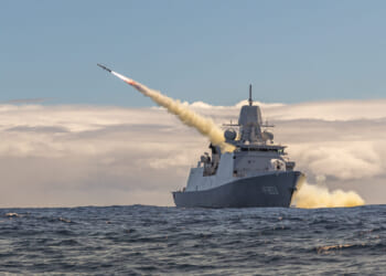 Royal Netherlands Navy De Zeven Provinciën-class frigate HNLMS Tromp (F803) fires an RGM-84 Harpoon missile during a long-planned live fire sinking exercise as part of Exercise Rim of the Pacific (RIMPAC) 2024.