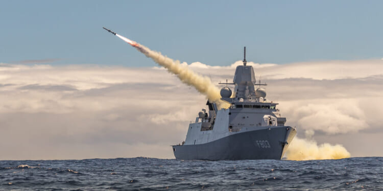 Royal Netherlands Navy De Zeven Provinciën-class frigate HNLMS Tromp (F803) fires an RGM-84 Harpoon missile during a long-planned live fire sinking exercise as part of Exercise Rim of the Pacific (RIMPAC) 2024.