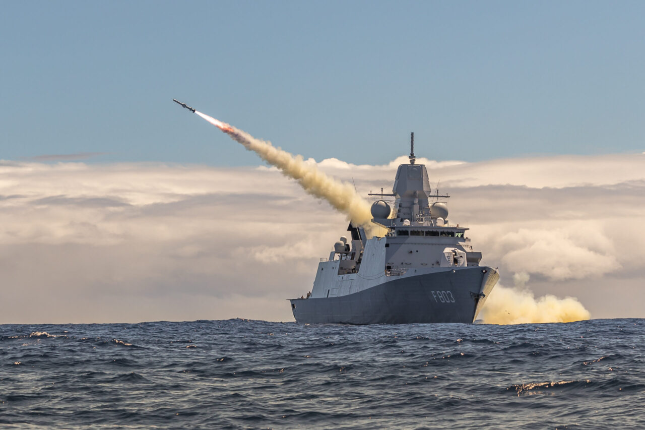 Royal Netherlands Navy De Zeven Provinciën-class frigate HNLMS Tromp (F803) fires an RGM-84 Harpoon missile during a long-planned live fire sinking exercise as part of Exercise Rim of the Pacific (RIMPAC) 2024.