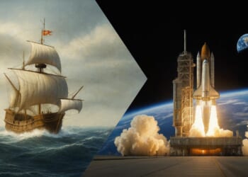 A historic sailing ship contrasts with a modern space shuttle launch against a backdrop of Earth, symbolizing the evolution of exploration.