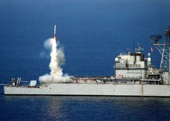 A Tomahawk cruise missile launches from the stern vertical launch system of the USS Shiloh (CG 67) to attack selected air defense targets south of the 33rd parallel in Iraq on Sept. 3, 1996, as part of Operation Desert Strike.