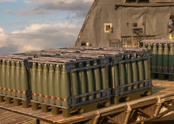 Pallets of artillery ammunition.