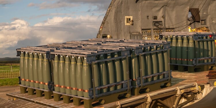 Pallets of artillery ammunition.
