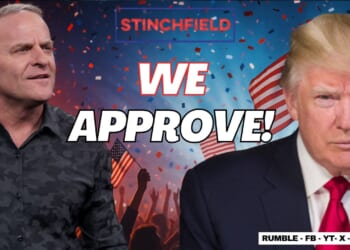 Image featuring a host and Donald Trump with the text "We Approve!" against a backdrop of confetti and American flags, promoting a political message.