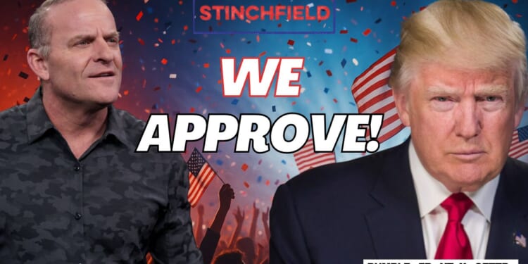 Image featuring a host and Donald Trump with the text "We Approve!" against a backdrop of confetti and American flags, promoting a political message.